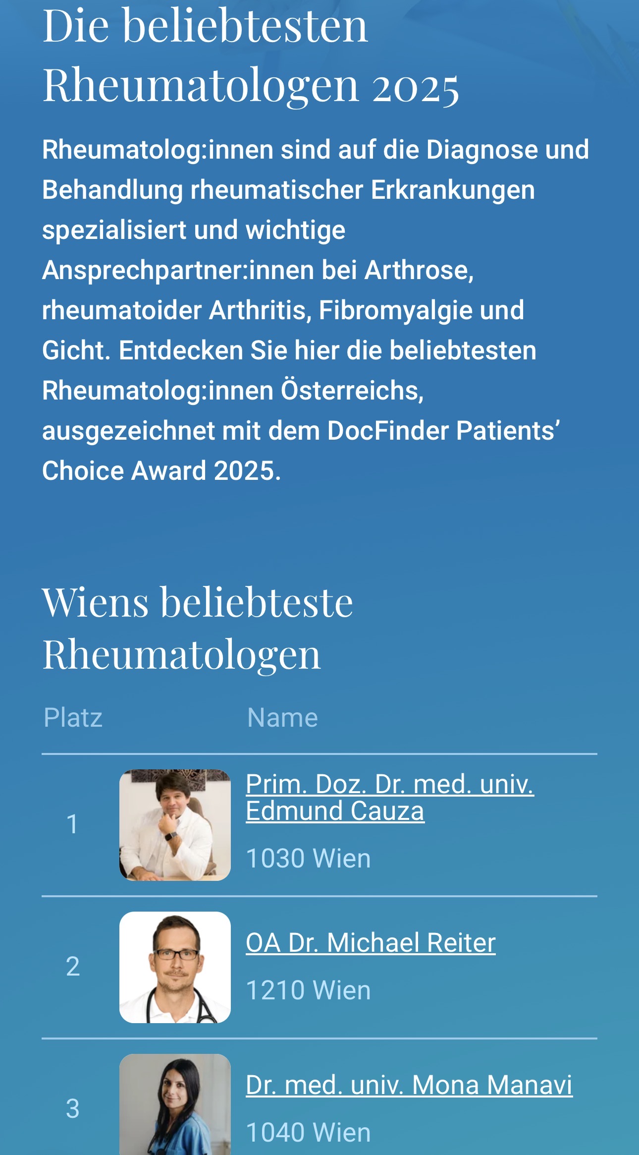 Wiens 10 beliebteste Rheumatologen 2025 – DocFinder Patients' Choice Award